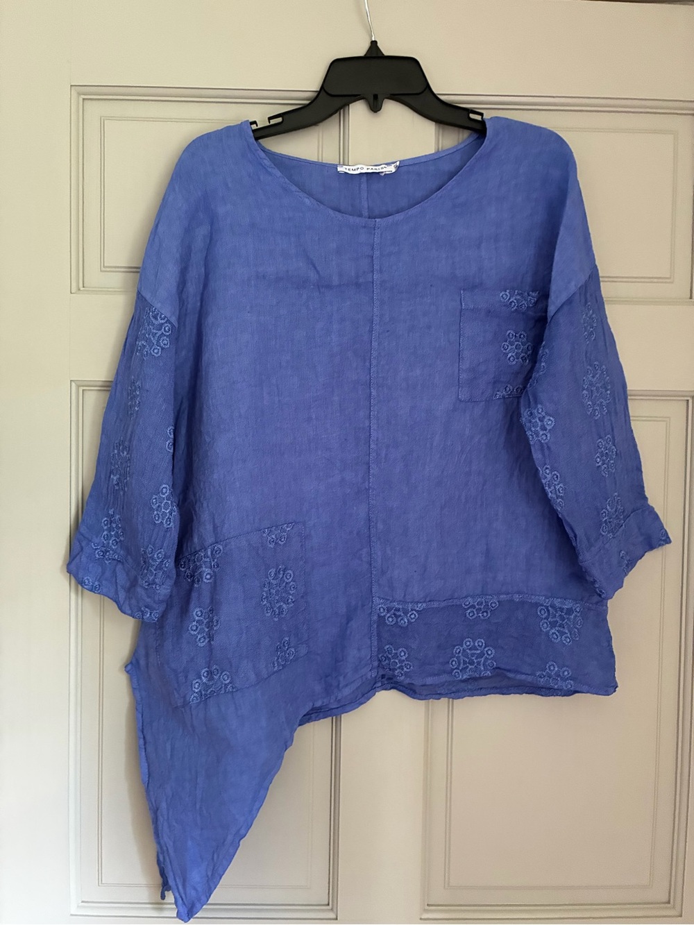 Tempo Paris Top Sz M/L Blue Linen Blouse Tunic Top Beach Core Read